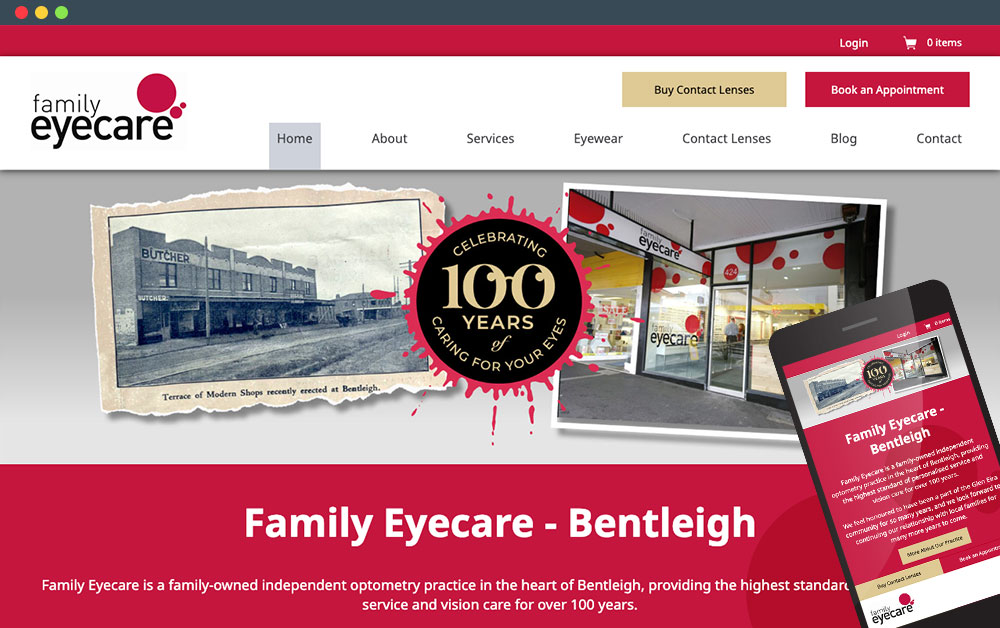 screenshots of family eyecare website on desktop and mobile
