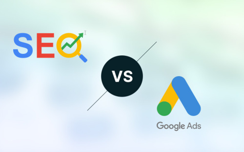 SEO vs Google Ads on a light blue background