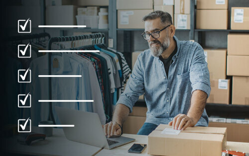 Mature man running e-Commerce website with checklist overlay