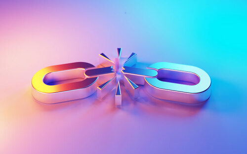 Metallic broken chain illustration on pink and blue background