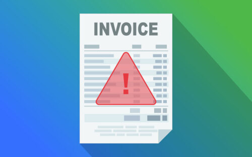 Invoice on a blue and green background with a red triangle around an exclamation point