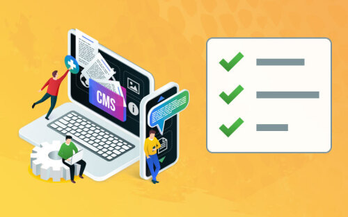 CMS concept illustration. 3 people adjusting content and files on a laptop and phone