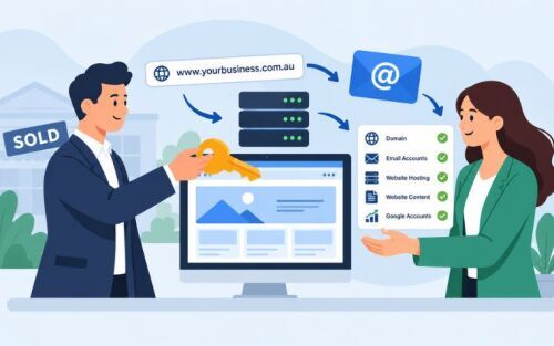 Illustration of a business website, domain and email accounts being transferred to a new owner