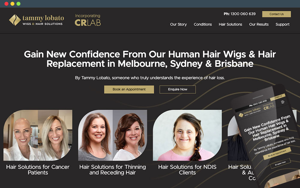 Tammy Lobato Wigs website on laptop and mobile screens