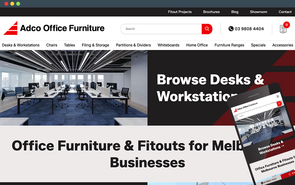 Adco Office Furniture website displayed as laptop and mobile device screens