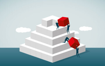 Illustration of people in suits building a pyramid structure