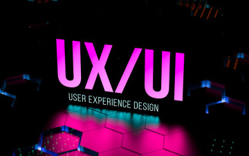 UX neon text, blur banner. UX UI concept. 3D render