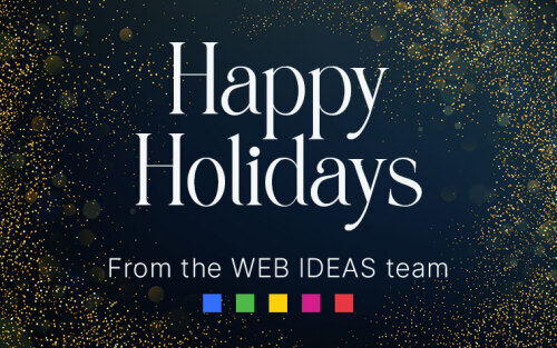 Happy Holidays from the Web Ideas Team on a blue and gold background